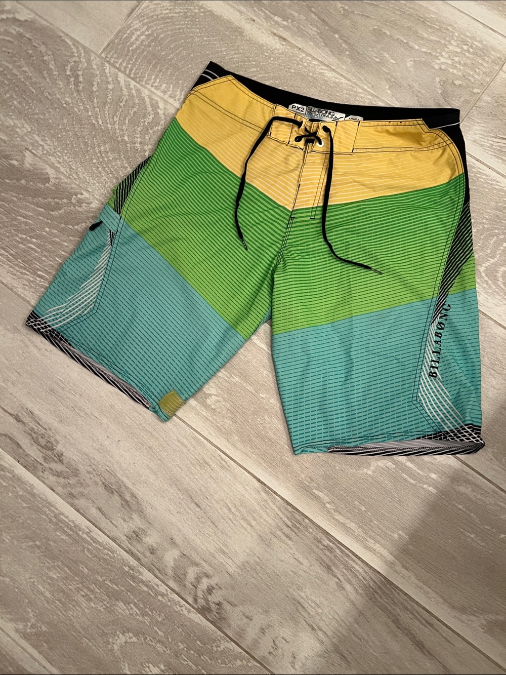 Billabong Men’s Yellow Green Aqua Striped Boardshorts